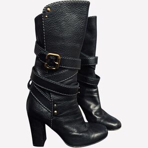 Chloe‎ Black Pebbled Leather Paddington Wrap Straps Buckle Heeled Boots 36.5 6.5